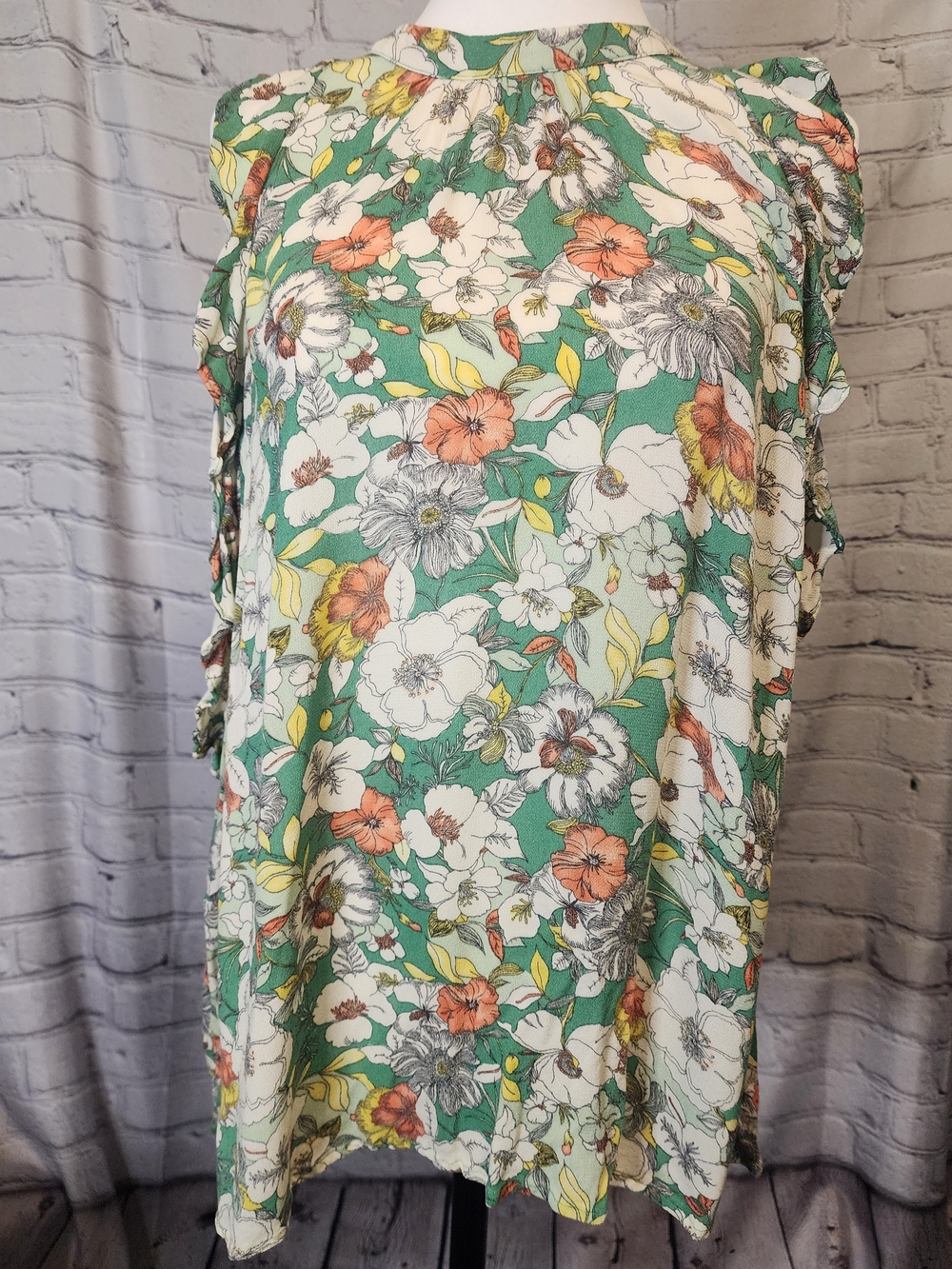 Maeve Green Floral Tank Top with White, Orange & Yellow Accents